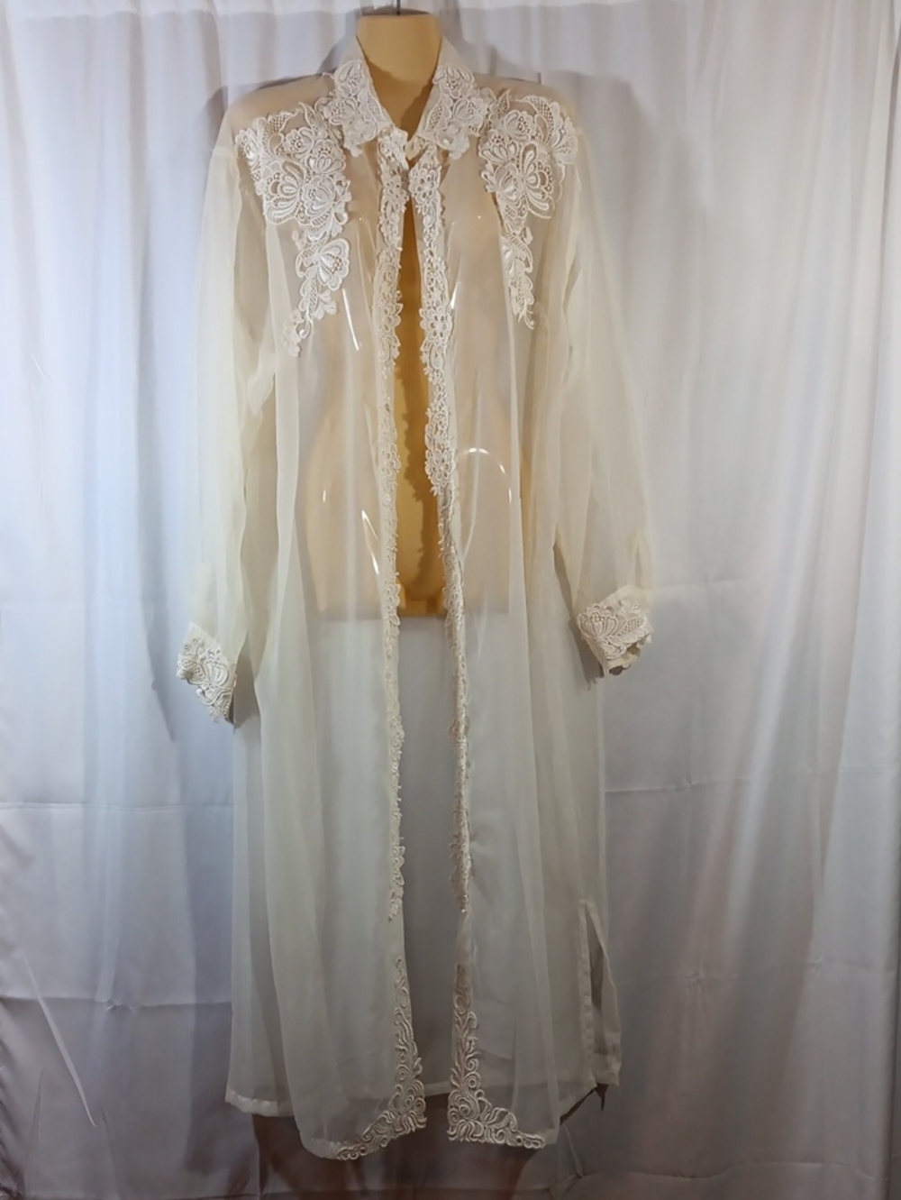 Pat Daknhe Womens Ivory Chiffon Long Duster Floral Lace Sheer Topper Romantic